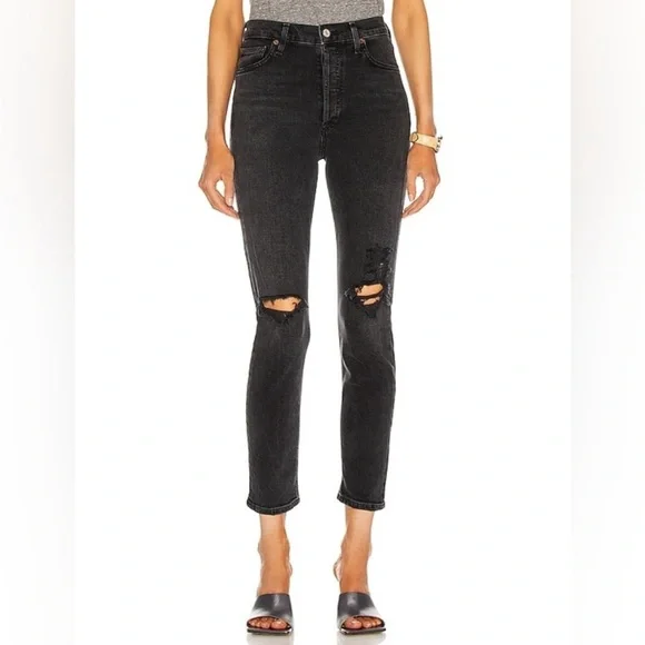 Agolde Nico High Waisted Cassette Distressed Button Fly Black Jeans Size 27 - Picture 3 of 9